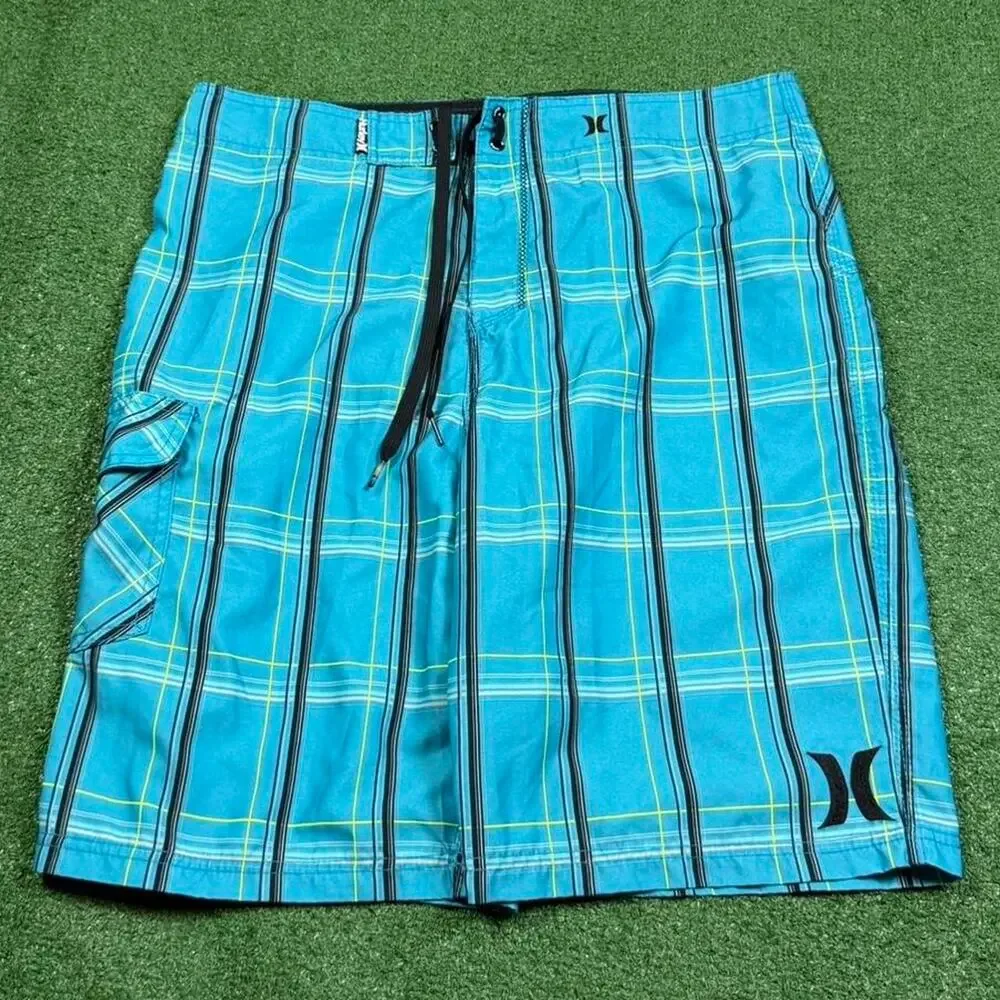 Hurley Board Shorts Blue Plaid Surf Swim Trunks Mens 34 Y2K Beach Summer Skate